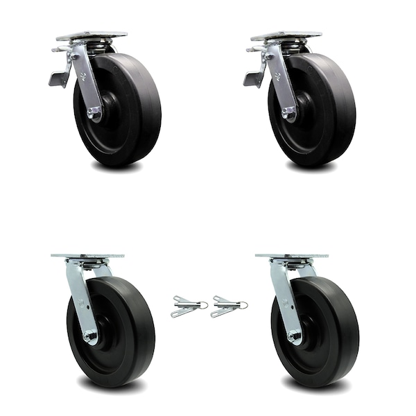 8 Inch Polyolefin Caster Set with Ball Bearings 2 Brakes 2 Swivel Locks SCC